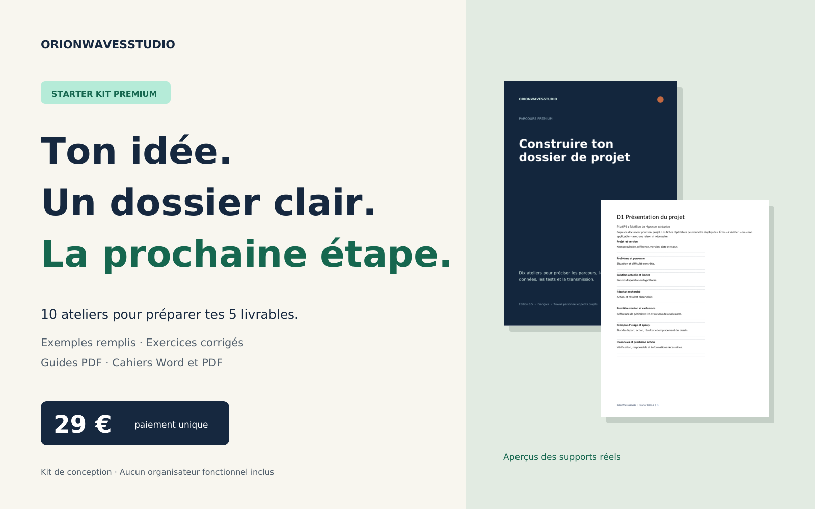 Starter Kit Premium — 29 €, guides et cahiers de conception FR/EN